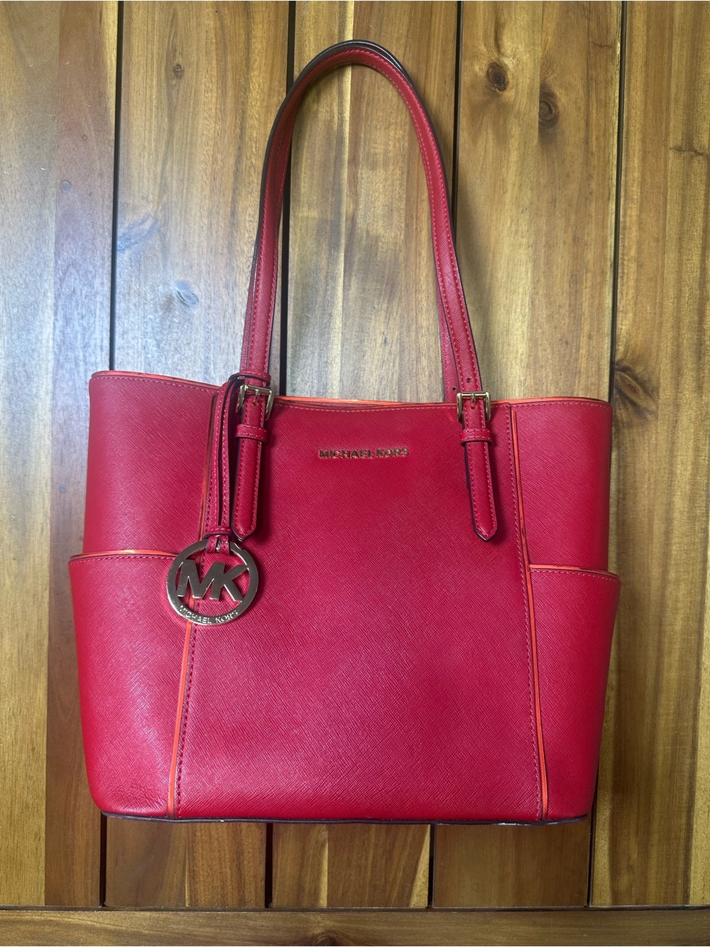 Michael Kors Red Saffiano Small Jet Set Tote with MK Charm